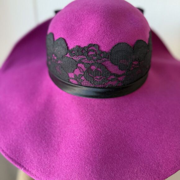 NEW VTG Fedora Wide Brim Hat Wool Lace Satin Bow Fuschia Pink Whimsigoth Wedding - Picture 14 of 16